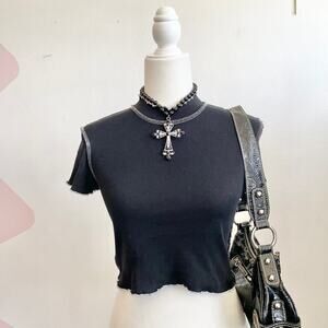 Black Contrast Stitch Baby Tee Y2K 2000s 90s Vintage Indie Sleaze Medium